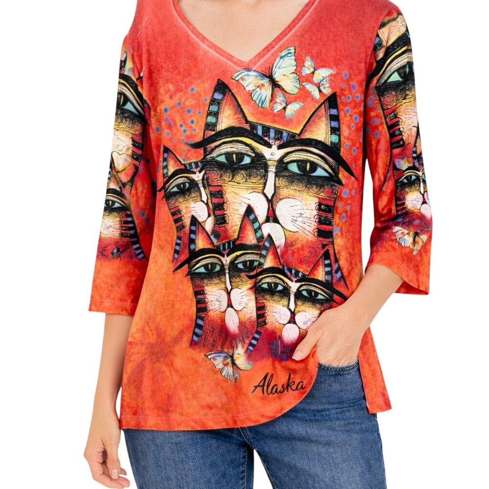 Albena Sz Large Wearable Art to Wear Cats Butterflies Blouse Shirt Top Alaska